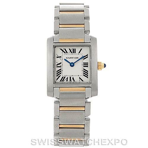 The image shows a frontal view of the Cartier Tank Francaise W51007Q4 Women's Steel and Gold (two tone) Silver Dial W51007Q4 Women's Steel and Gold (two tone) Silver Dial watch, displaying its face and bracelet.