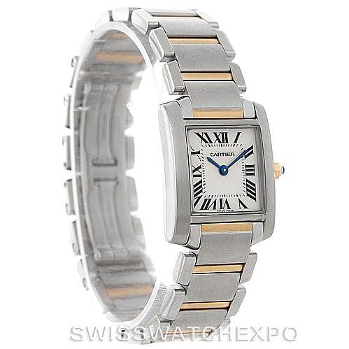 The image shows a Cartier Tank Française watch from an angled side view, highlighting its rectangular face and bracelet.