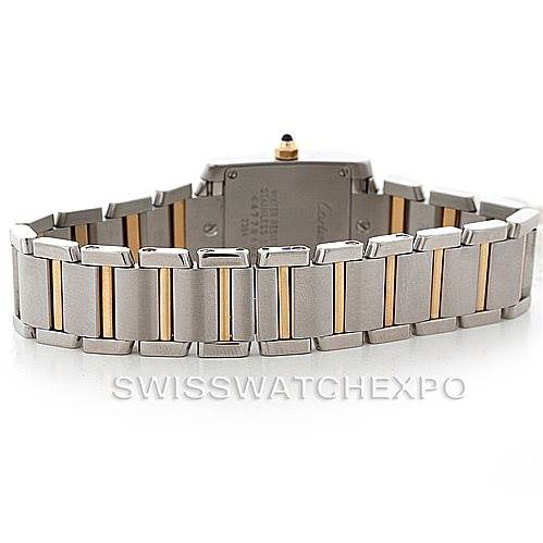 This image shows the back view of a Cartier Tank Francaise W51007Q4 Women's Steel and Gold (two tone) Silver Dial W51007Q4 Women's Steel and Gold (two tone) Silver Dial watch, highlighting its two-tone metal bracelet band and case back.