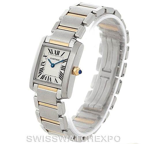 This image shows a Cartier Tank Francaise W51007Q4 Women's Steel and Gold (two tone) Silver Dial W51007Q4 Women's Steel and Gold (two tone) Silver Dial watch from a front angle, highlighting its rectangular face, roman numeral dial, and two-tone metal bracelet.