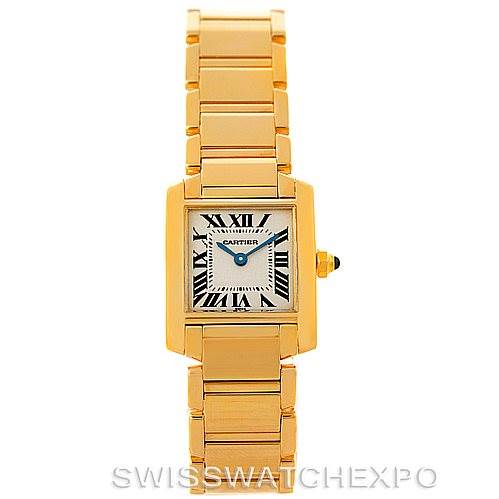 The image shows a front view of the Cartier Tank Francaise W50002N2 Women's Yellow Gold Silver Dial W50002N2 Women's Yellow Gold Silver Dial watch, highlighting its rectangular face, Roman numeral dial, and gold bracelet.
