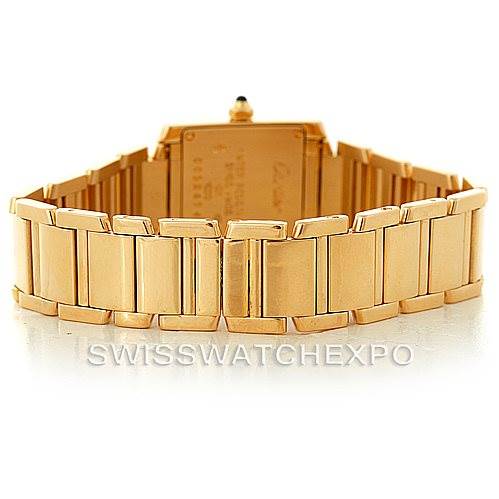 This image shows the back view of the gold bracelet and the case of a Cartier Tank Francaise W50002N2 Women's Yellow Gold Silver Dial W50002N2 Women's Yellow Gold Silver Dial watch.