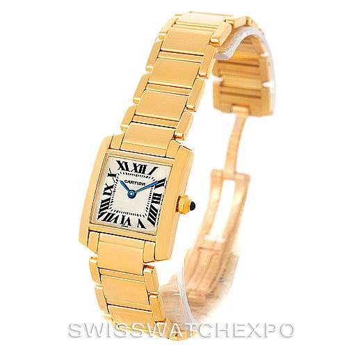 The image shows a Cartier Tank Française watch at a three-quarter angle, highlighting its gold bracelet and rectangular dial.