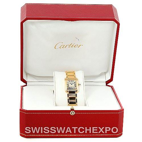 The image shows a Cartier Tank Française model watch viewed from the front, inside its open red Cartier case.