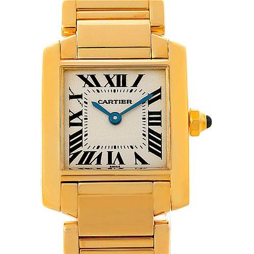 This image shows the front view of a Cartier Tank Française watch, highlighting the case, dial, bracelet, and crown.