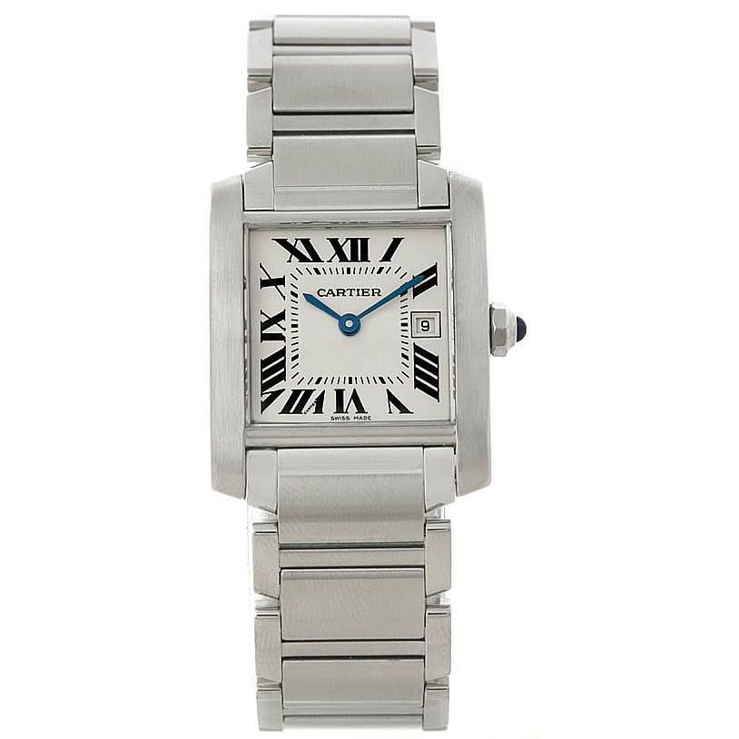 The image shows a front view of the Cartier Tank Francaise W51011Q3 Women's Stainless Steel Silver Dial W51011Q3 Women's Stainless Steel Silver Dial watch, highlighting its face, bracelet, and crown.