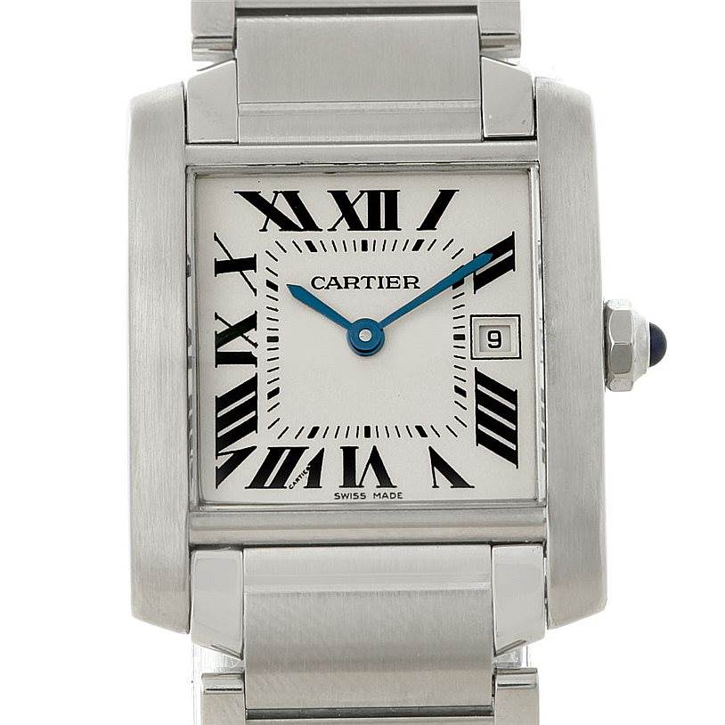 This is a close-up view of the face and part of the bracelet of a Cartier Tank Française watch.