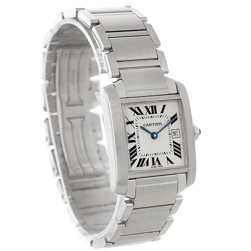 The Cartier Tank Francaise W51011Q3 Women's Stainless Steel Silver Dial W51011Q3 Women's Stainless Steel Silver Dial is shown from a side angle, highlighting its stainless steel bracelet, rectangular case, and dial.
