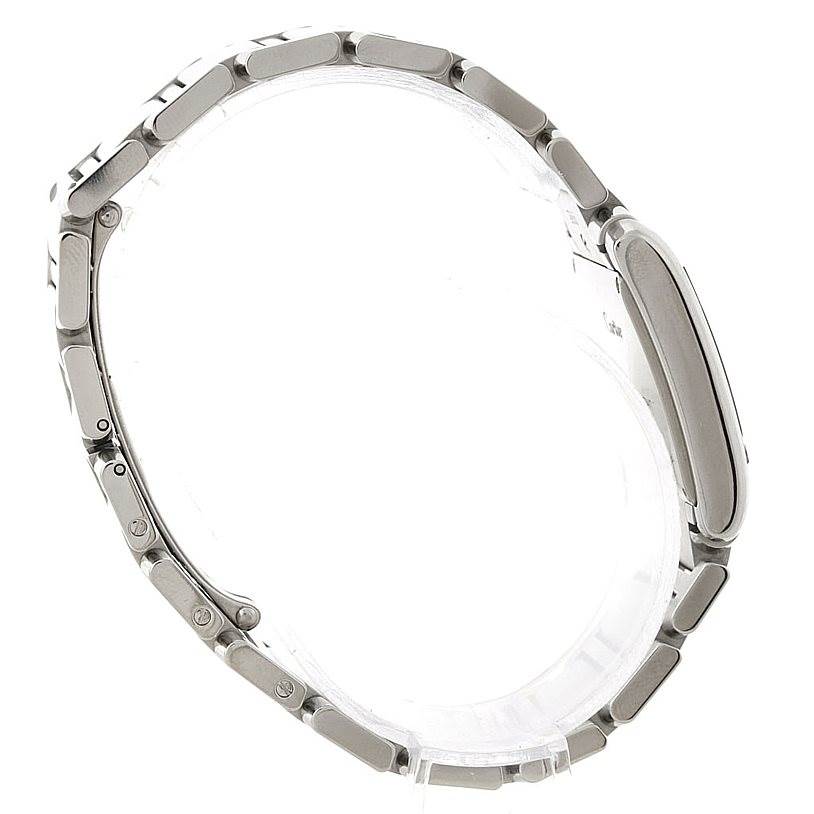 The image shows a side profile of a Cartier Tank Francaise W51011Q3 Women's Stainless Steel Silver Dial W51011Q3 Women's Stainless Steel Silver Dial watch, highlighting its rectangular case and metal bracelet.