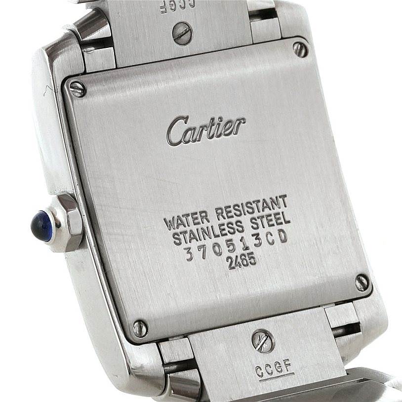 The image shows the back of a Cartier Tank Francaise W51011Q3 Women's Stainless Steel Silver Dial W51011Q3 Women's Stainless Steel Silver Dial watch, highlighting the case back and part of the bracelet.