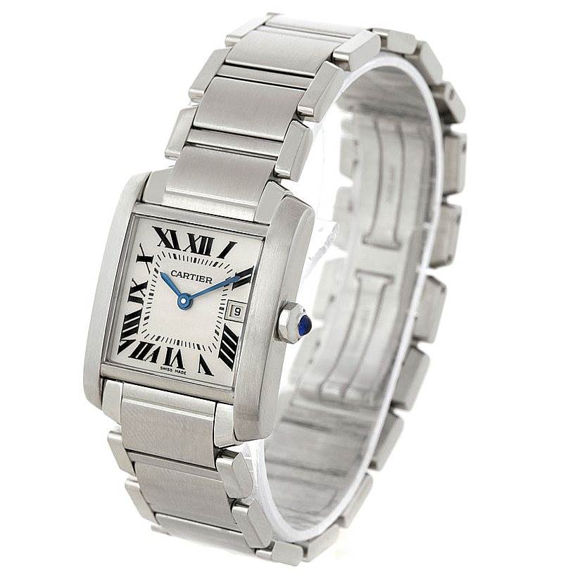 The image shows a Cartier Tank Francaise W51011Q3 Women's Stainless Steel Silver Dial W51011Q3 Women's Stainless Steel Silver Dial watch angled from the front-left, displaying its face, bracelet, and crown.