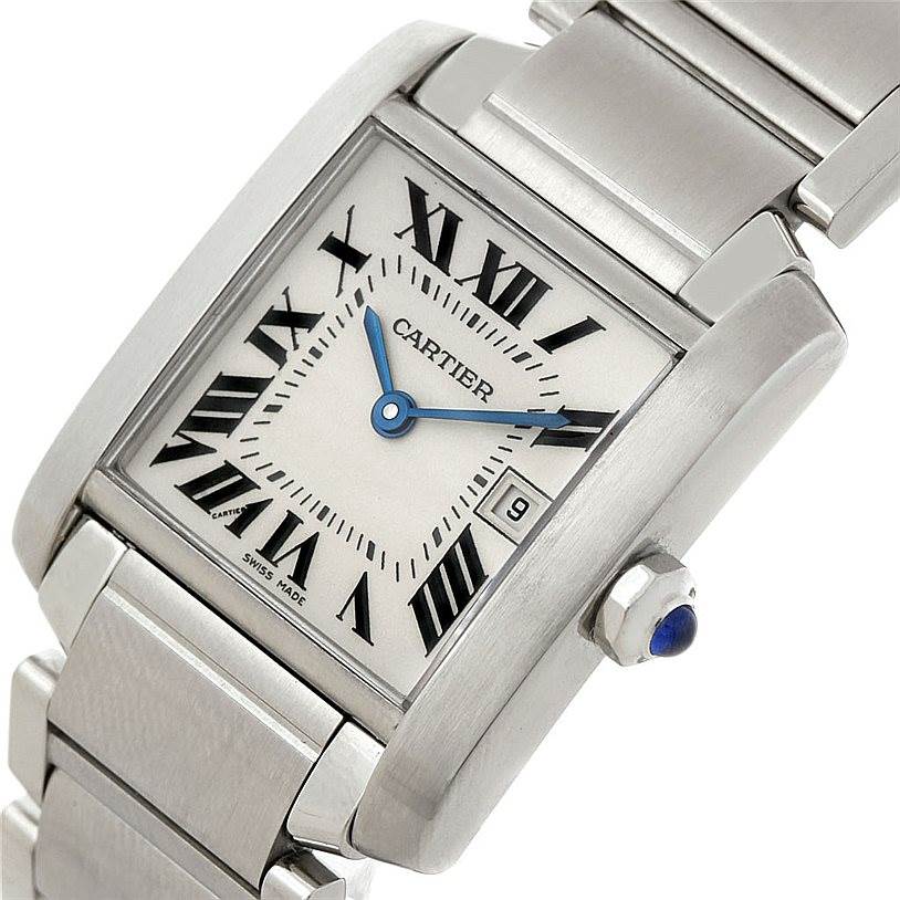 The image shows a close-up, angled view of the dial, crown, and part of the bracelet of a Cartier Tank Francaise W51011Q3 Women's Stainless Steel Silver Dial W51011Q3 Women's Stainless Steel Silver Dial watch.