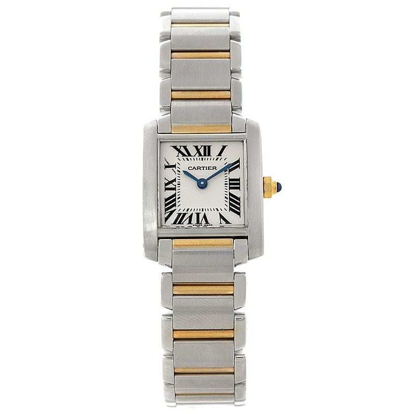 The image shows a front view of a Cartier Tank Francaise W51007Q4 Women's Steel and Gold (two tone) Silver Dial W51007Q4 Women's Steel and Gold (two tone) Silver Dial watch, highlighting the face and two-tone bracelet.