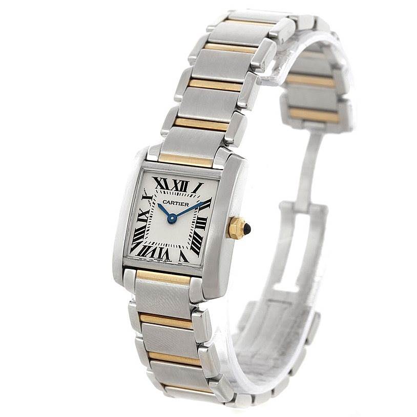 The image shows a Cartier Tank Francaise W51007Q4 Women's Steel and Gold (two tone) Silver Dial W51007Q4 Women's Steel and Gold (two tone) Silver Dial watch at a slight angle, highlighting its face and two-tone metal strap.
