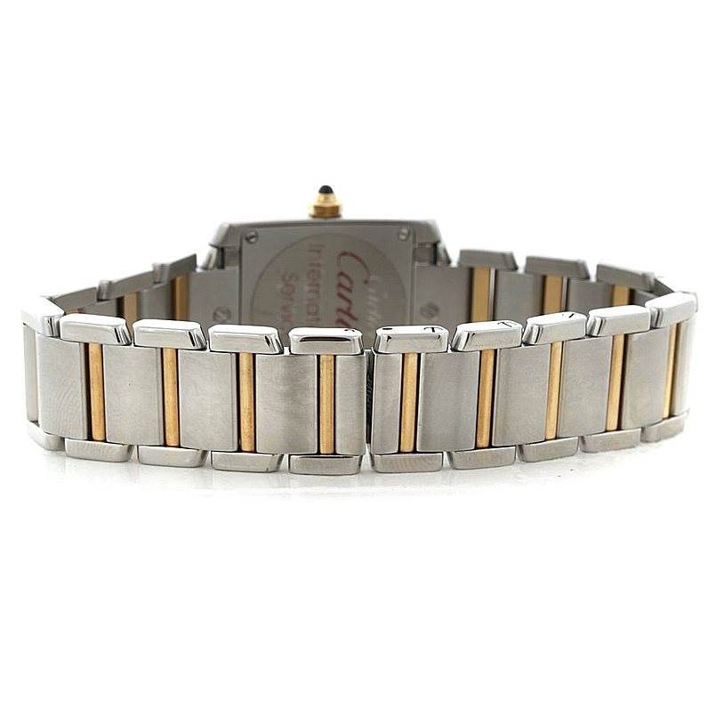This image shows the back of the Cartier Tank Francaise W51007Q4 Women's Steel and Gold (two tone) Silver Dial W51007Q4 Women's Steel and Gold (two tone) Silver Dial watch, highlighting its two-tone metal bracelet.