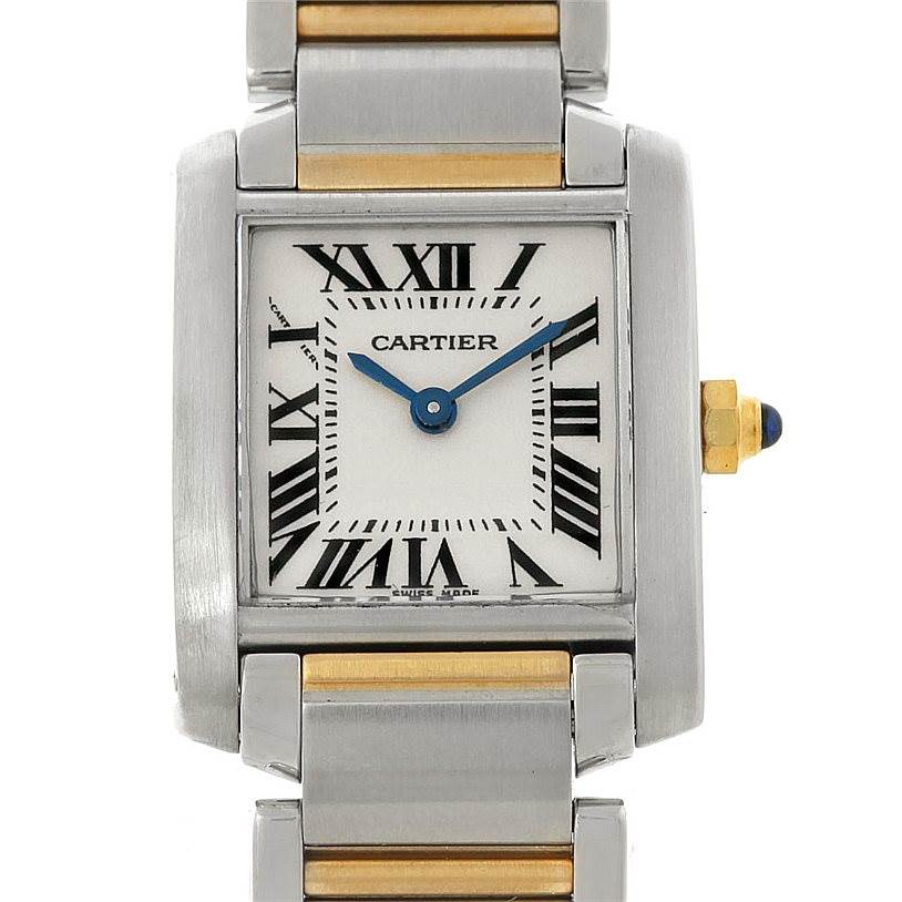 The image shows a front view of the Cartier Tank Francaise W51007Q4 Women's Steel and Gold (two tone) Silver Dial W51007Q4 Women's Steel and Gold (two tone) Silver Dial watch, highlighting its square face and metallic strap.