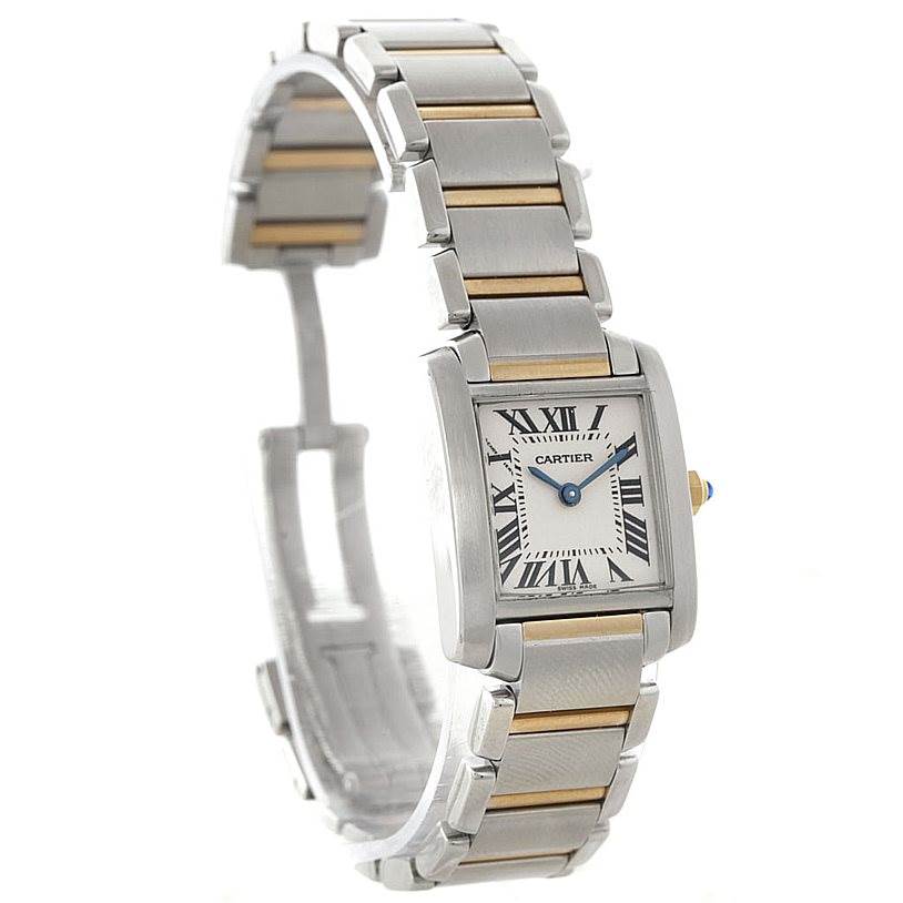 The image shows a Cartier Tank Française watch with a two-tone bracelet and rectangular dial at an angled side view.
