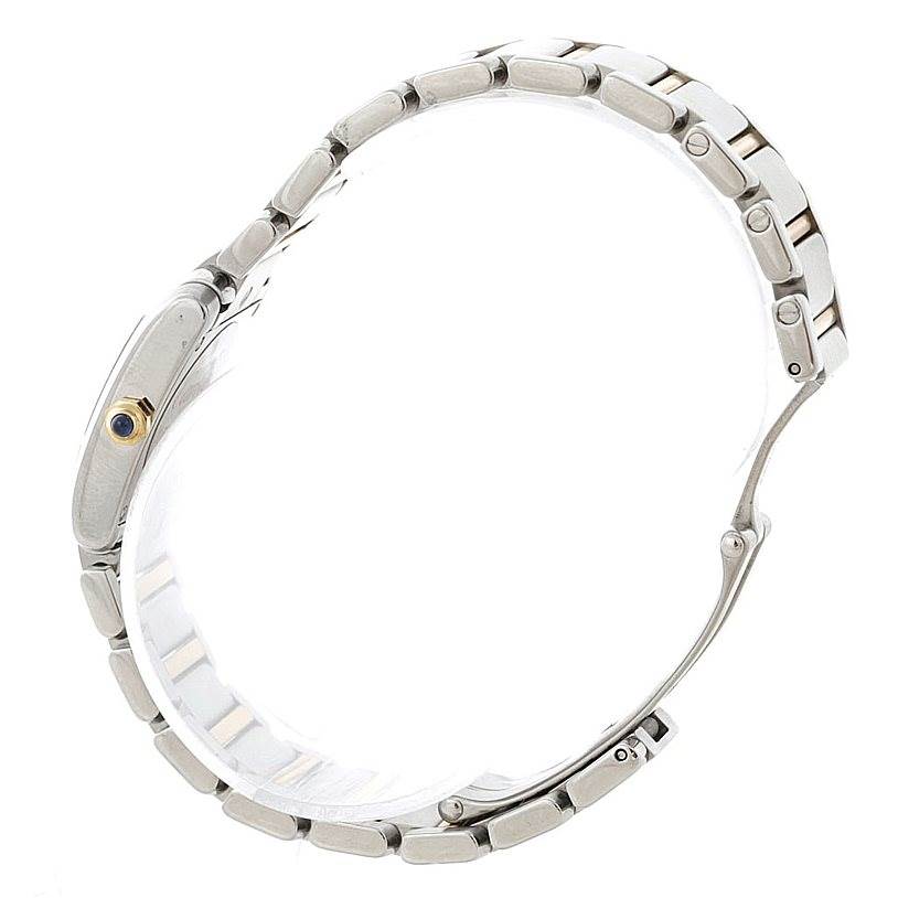 The image shows a side view of the bracelet and crown of a Cartier Tank Française watch.