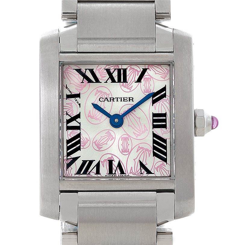 The image shows the front view of a Cartier Tank Francaise W51031Q3 Women's Stainless Steel Silver Dial W51031Q3 Women's Stainless Steel Silver Dial watch, highlighting its rectangular face, dial, and bracelet.