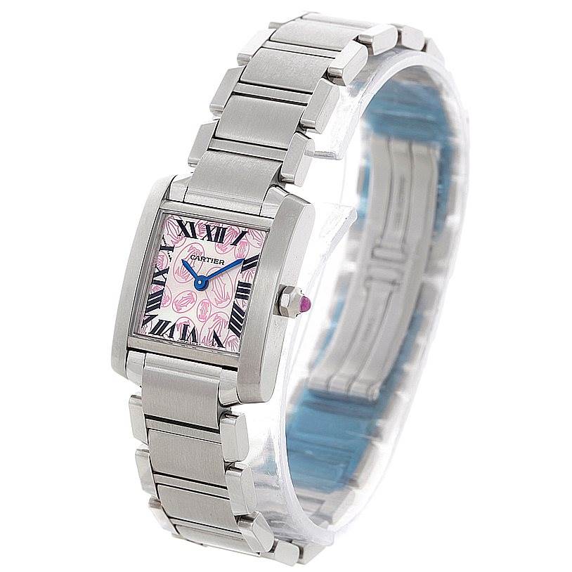 The Cartier Tank Française watch is shown at an angled view, detailing its face, case, and bracelet.