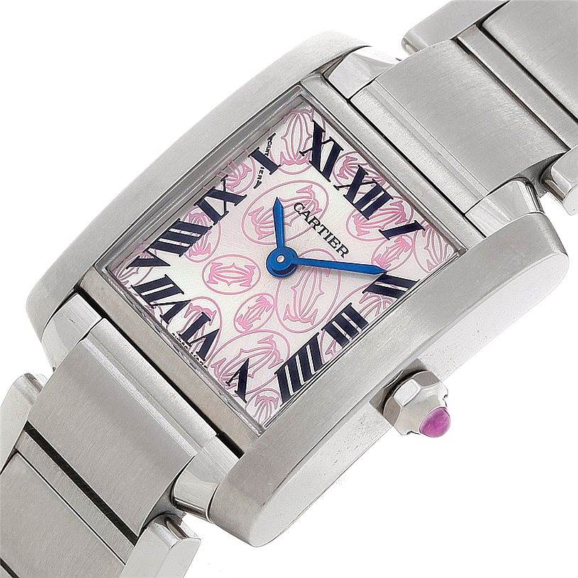 The image shows a close-up view of the Cartier Tank Française watch's face, crown, and bracelet at an angle.