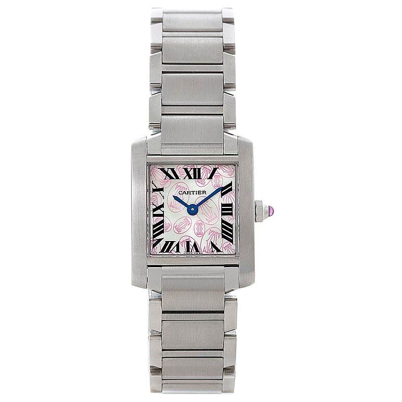 This image shows a Cartier Tank Francaise W51031Q3 Women's Stainless Steel Silver Dial W51031Q3 Women's Stainless Steel Silver Dial watch from a front angle, displaying its face, metal bracelet, and crown.