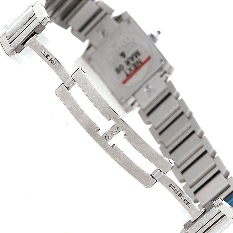 This image shows a side and back view of the Cartier Tank Francaise W51031Q3 Women's Stainless Steel Silver Dial W51031Q3 Women's Stainless Steel Silver Dial's stainless steel bracelet and clasp.