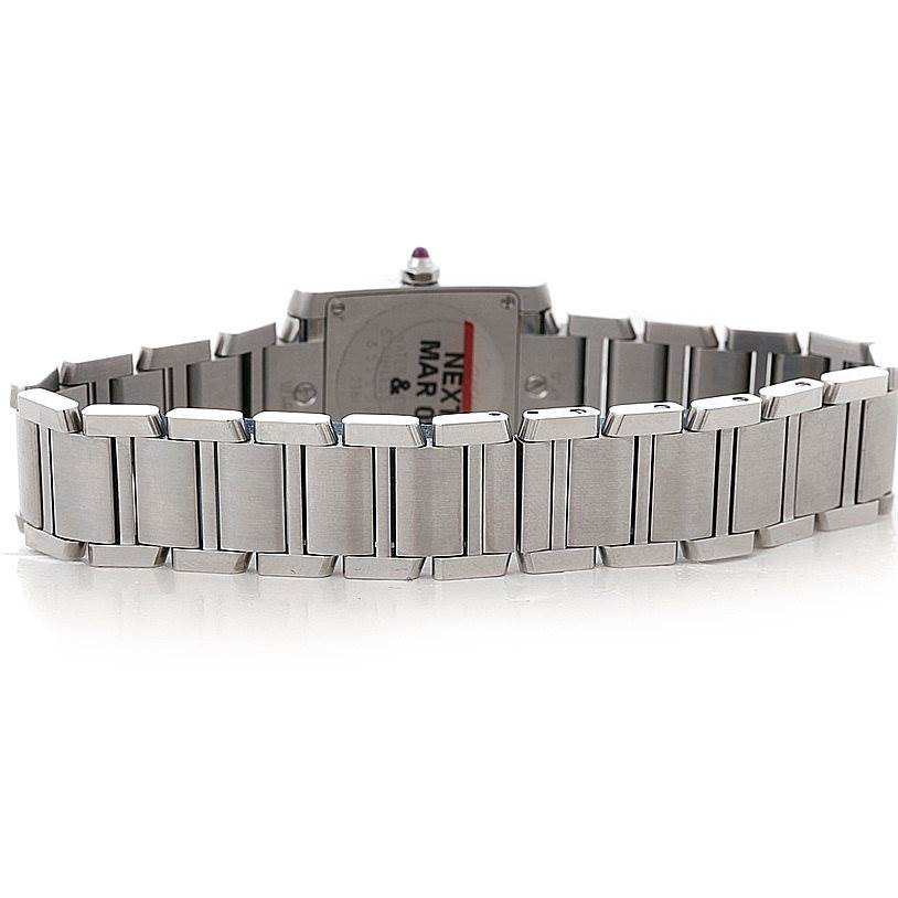 The image shows the back view of a Cartier Tank Francaise W51031Q3 Women's Stainless Steel Silver Dial W51031Q3 Women's Stainless Steel Silver Dial watch, highlighting its stainless steel bracelet and case back.