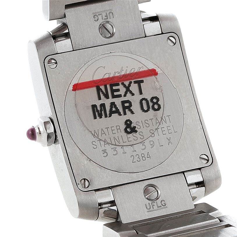 The image shows the back view of the Cartier Tank Francaise W51031Q3 Women's Stainless Steel Silver Dial W51031Q3 Women's Stainless Steel Silver Dial watch, highlighting the case back details and part of the bracelet.