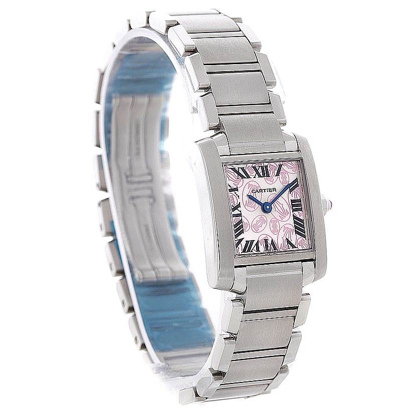 The image shows a Cartier Tank Française watch, angled to display the bracelet and face with Roman numeral markers.