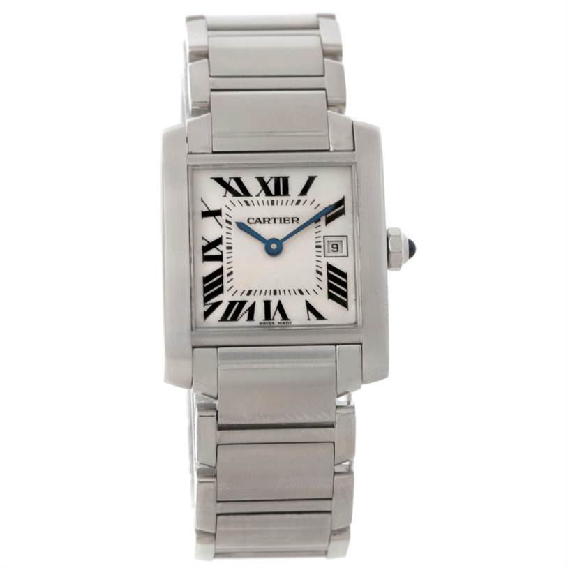The image shows a front view of a Cartier Tank Francaise W51011Q3 Women's Stainless Steel Silver Dial W51011Q3 Women's Stainless Steel Silver Dial watch displaying its face, bracelet, and crown.