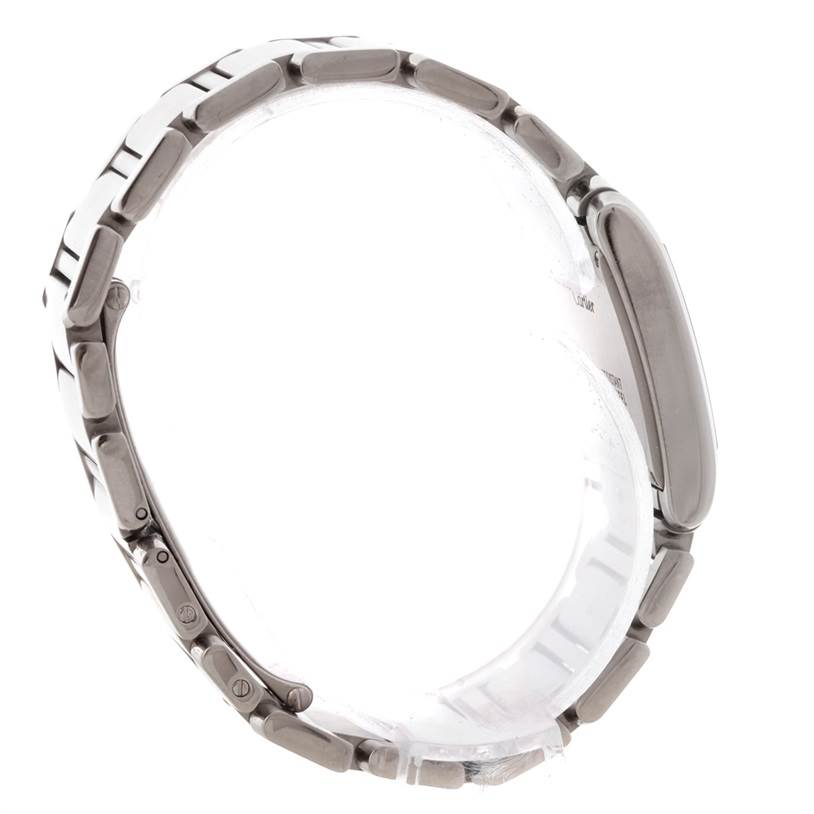 The image shows a side view of a Cartier Tank Francaise W51011Q3 Women's Stainless Steel Silver Dial W51011Q3 Women's Stainless Steel Silver Dial watch, highlighting its metal bracelet and case profile.