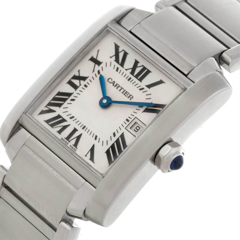 This image shows a Cartier Tank Francaise W51011Q3 Women's Stainless Steel Silver Dial W51011Q3 Women's Stainless Steel Silver Dial watch from a tilted angle, highlighting the face, strap, and crown.