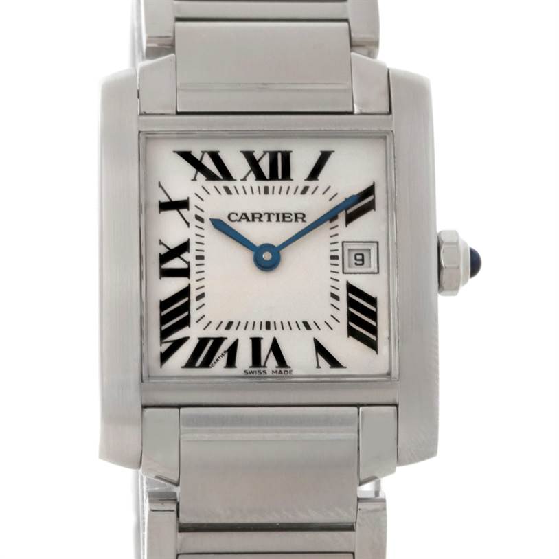 This close-up image shows the dial and bracelet of the Cartier Tank Francaise W51011Q3 Women's Stainless Steel Silver Dial W51011Q3 Women's Stainless Steel Silver Dial watch.