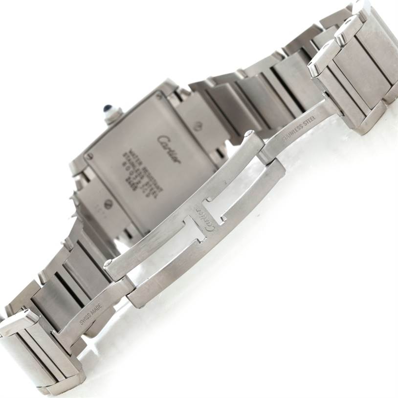 This image shows the back and clasp of the Cartier Tank Francaise W51011Q3 Women's Stainless Steel Silver Dial W51011Q3 Women's Stainless Steel Silver Dial watch, highlighting the stainless steel bracelet.