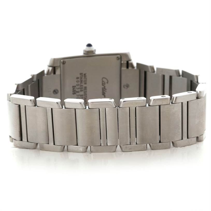 The image shows the back view of the Cartier Tank Francaise W51011Q3 Women's Stainless Steel Silver Dial W51011Q3 Women's Stainless Steel Silver Dial watch, highlighting its metal bracelet and case back.