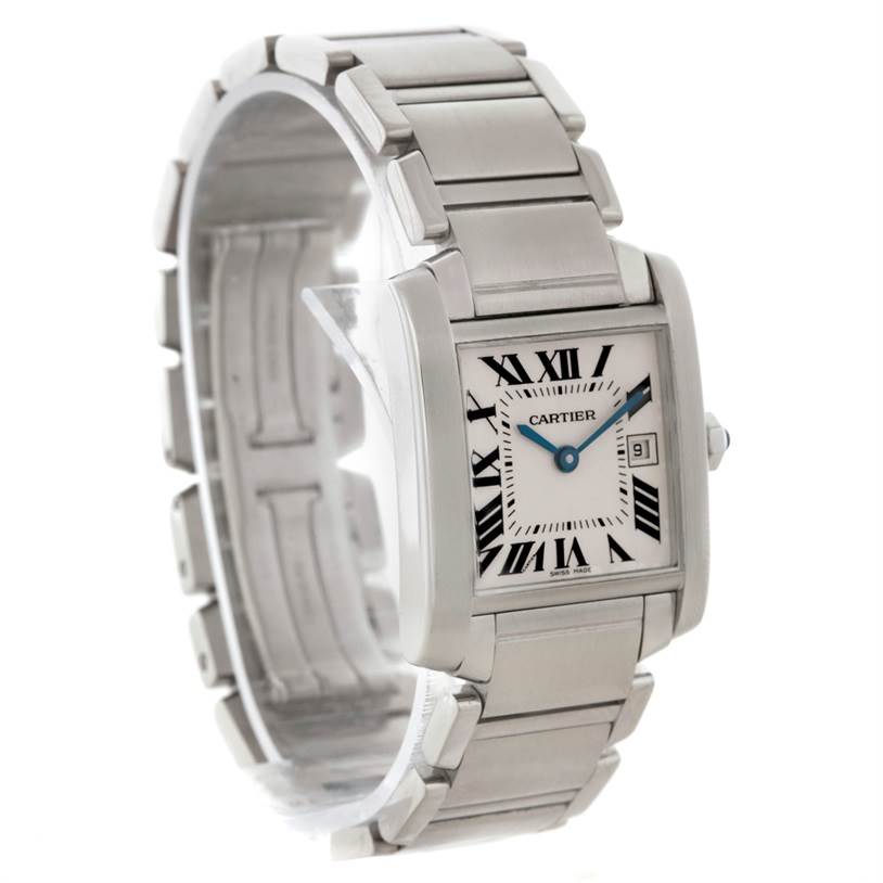 The Tank Francaise model by Cartier is shown at an angled side view, displaying its face, bracelet, and clasp.