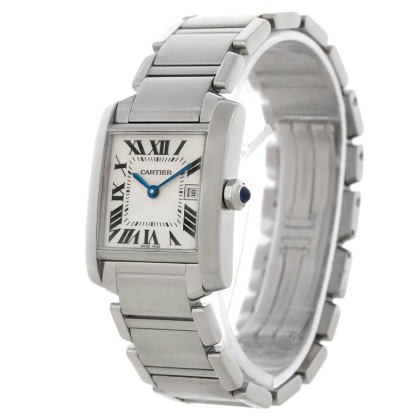 The image shows a Cartier Tank Francaise W51011Q3 Women's Stainless Steel Silver Dial W51011Q3 Women's Stainless Steel Silver Dial watch from a three-quarter angle, highlighting its face, bracelet, and crown.