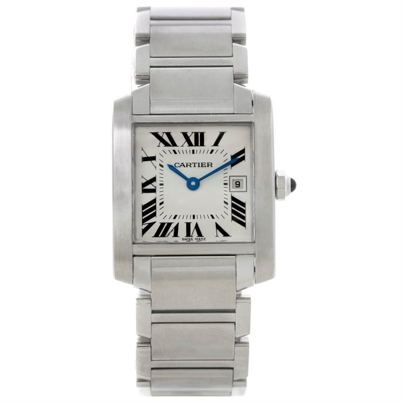 The image shows a front view of the Cartier Tank Francaise W51011Q3 Women's Stainless Steel Silver Dial W51011Q3 Women's Stainless Steel Silver Dial watch, displaying the face, bracelet, and crown.