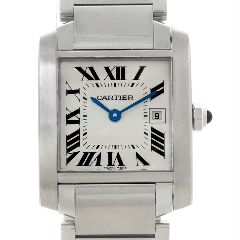 The image shows a close-up of the Cartier Tank Francaise W51011Q3 Women's Stainless Steel Silver Dial W51011Q3 Women's Stainless Steel Silver Dial watch face and part of the bracelet.