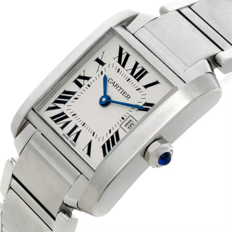 The Cartier Tank Francaise W51011Q3 Women's Stainless Steel Silver Dial W51011Q3 Women's Stainless Steel Silver Dial watch is shown at an angled close-up, highlighting its face, crown, and part of the bracelet.