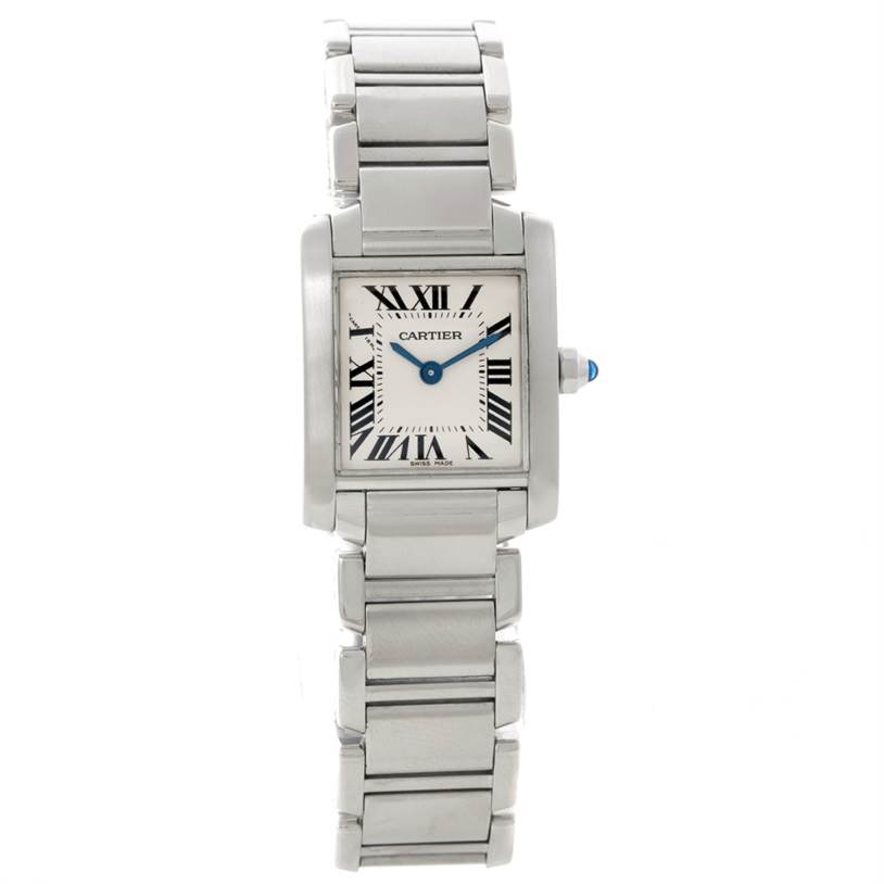 The image shows a Cartier Tank Francaise W51008Q3 Women's Stainless Steel Silver Dial W51008Q3 Women's Stainless Steel Silver Dial watch from a straight-on angle, displaying its face and bracelet.