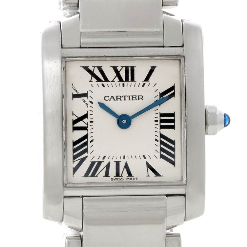 The image shows a front view of the Cartier Tank Francaise W51008Q3 Women's Stainless Steel Silver Dial W51008Q3 Women's Stainless Steel Silver Dial watch, focusing on the dial, case, and part of the bracelet.