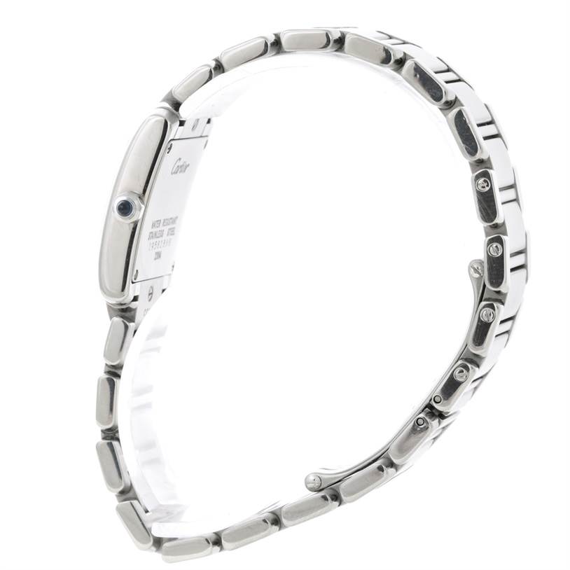 The image shows a side view of the Cartier Tank Francaise W51008Q3 Women's Stainless Steel Silver Dial W51008Q3 Women's Stainless Steel Silver Dial watch, highlighting the bracelet and a portion of the caseback.