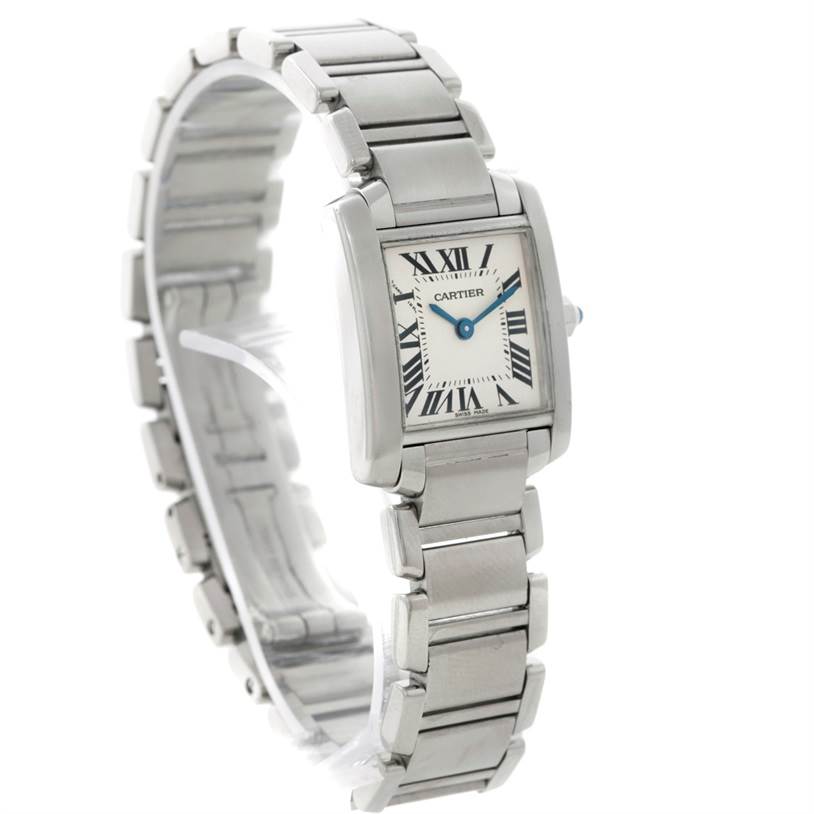 This image shows a Cartier Tank Francaise W51008Q3 Women's Stainless Steel Silver Dial W51008Q3 Women's Stainless Steel Silver Dial model watch from a front angle, revealing its rectangular face and metal bracelet.