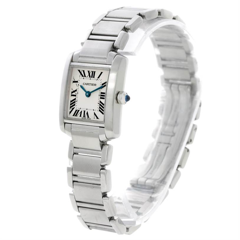 The image shows a Cartier Tank Française watch from an angled side view, displaying the face, metal bracelet, and winder.