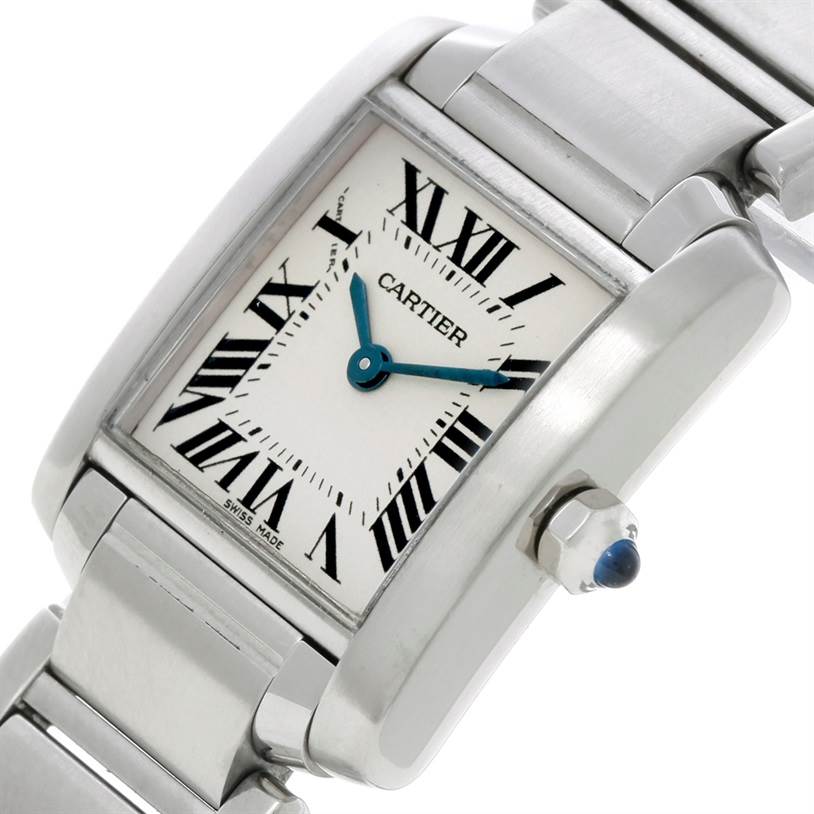 The image shows a close-up angled view of the Cartier Tank Francaise W51008Q3 Women's Stainless Steel Silver Dial W51008Q3 Women's Stainless Steel Silver Dial watch face and part of its metal bracelet.