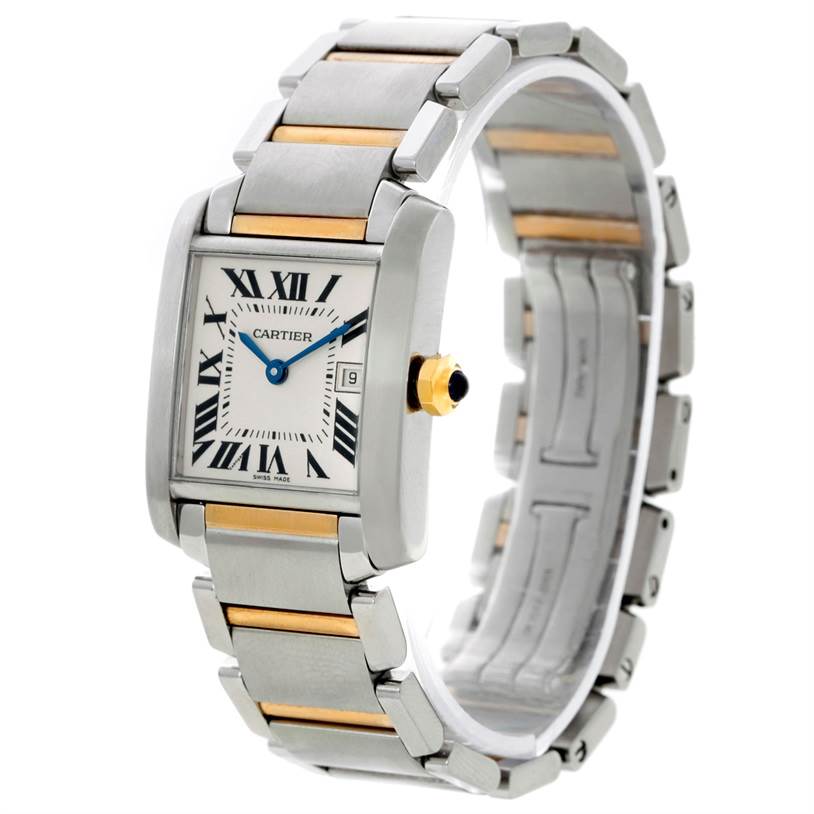 The photo shows a Cartier Tank Française watch at a three-quarter angle, displaying its face, bracelet, and crown.