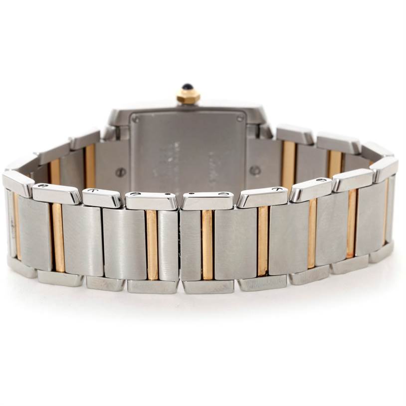 The image shows the back case and bracelet of a Cartier Tank Francaise W51012Q4 Women's Steel and Gold (two tone) Silver Dial W51012Q4 Women's Steel and Gold (two tone) Silver Dial watch, highlighting its two-tone metal links.