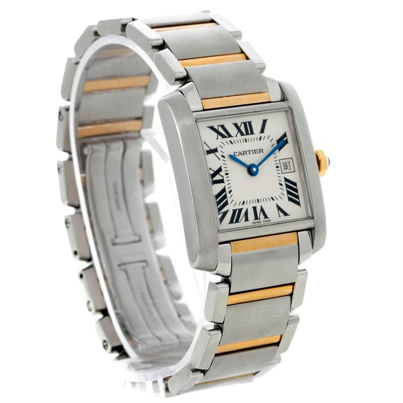 The image shows a Cartier Tank Francaise W51012Q4 Women's Steel and Gold (two tone) Silver Dial W51012Q4 Women's Steel and Gold (two tone) Silver Dial watch with a stainless steel and gold bracelet, viewed at an angle highlighting the face and band.